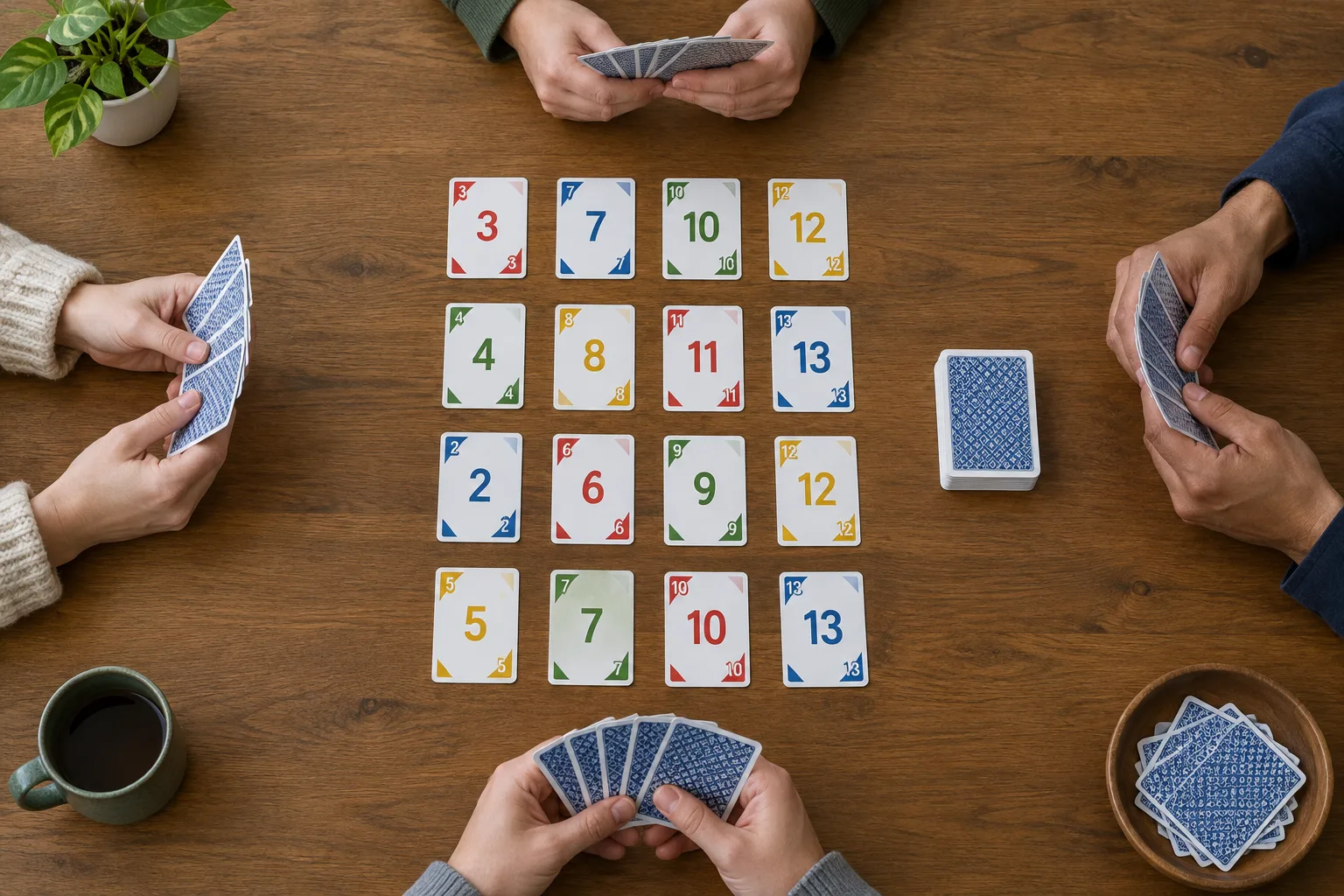 Quatre rangées de cartes sont posées au centre, tandis que les joueurs gardent leurs cartes en main.