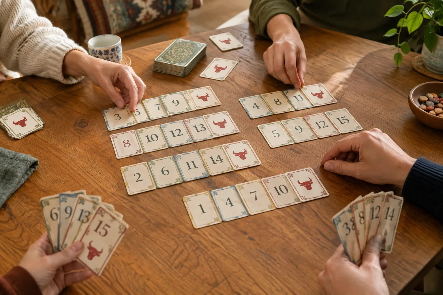 Des mains organisent des cartes numérotées en rangées sur une table de jeu.