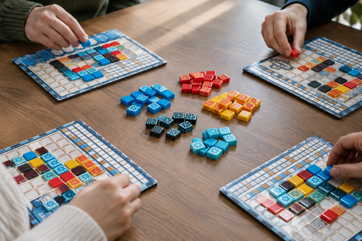 Des plateaux individuels et des groupes de tuiles colorées sont disposés sur la table.