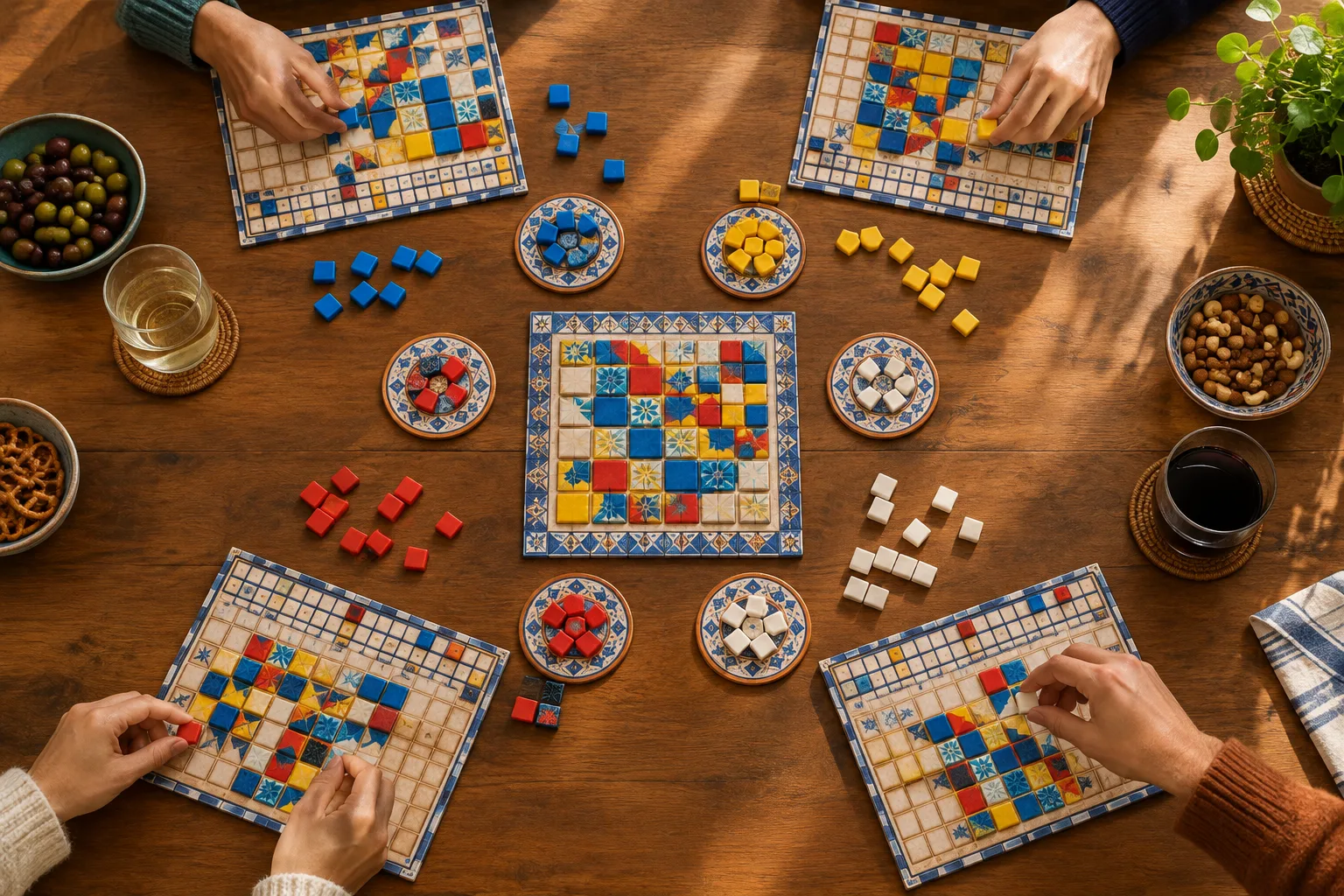 Des mains placent des tuiles colorées sur des plateaux de jeu autour d’une table.