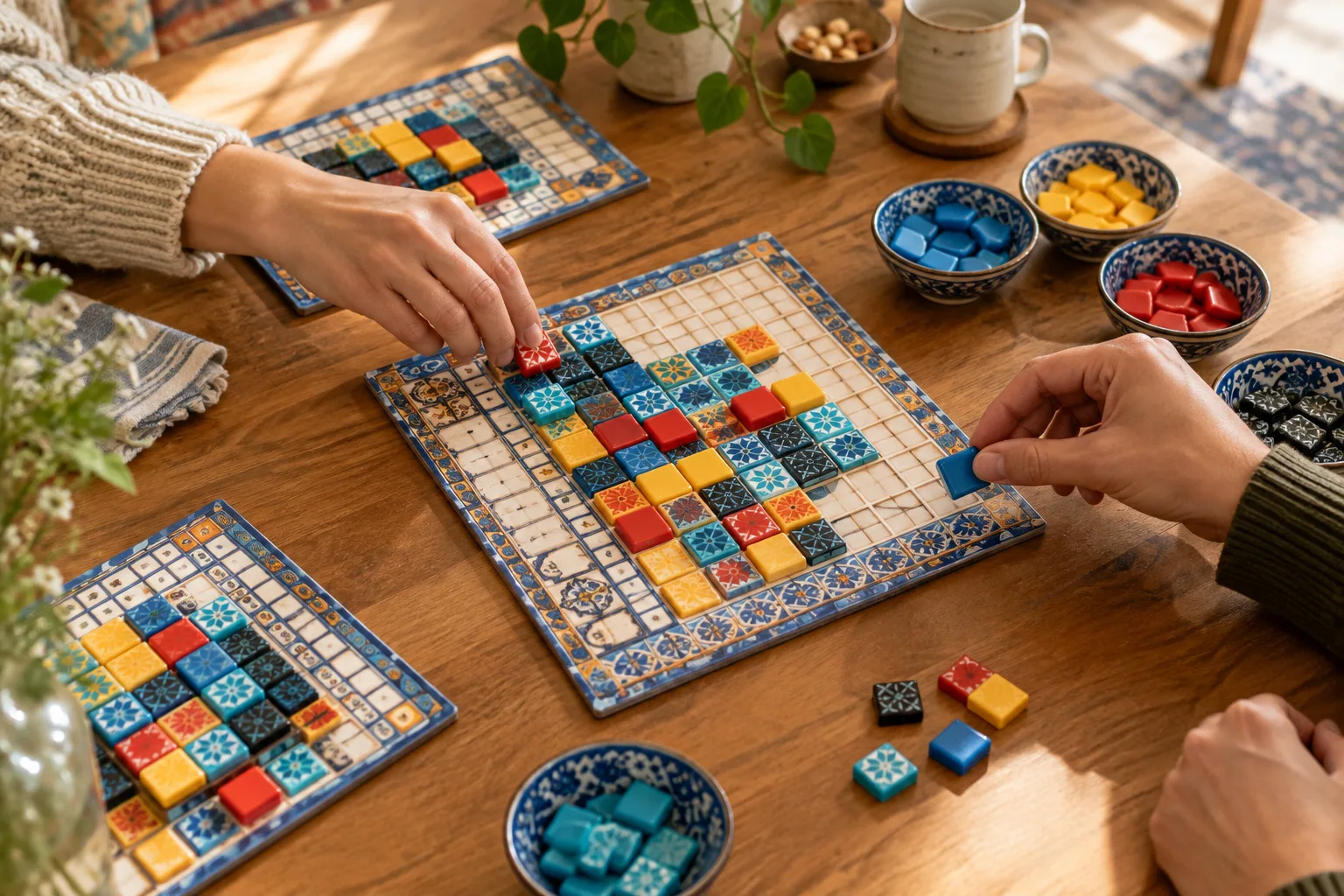 Des mains choisissent des tuiles colorées sur un plateau de jeu posé sur une table.