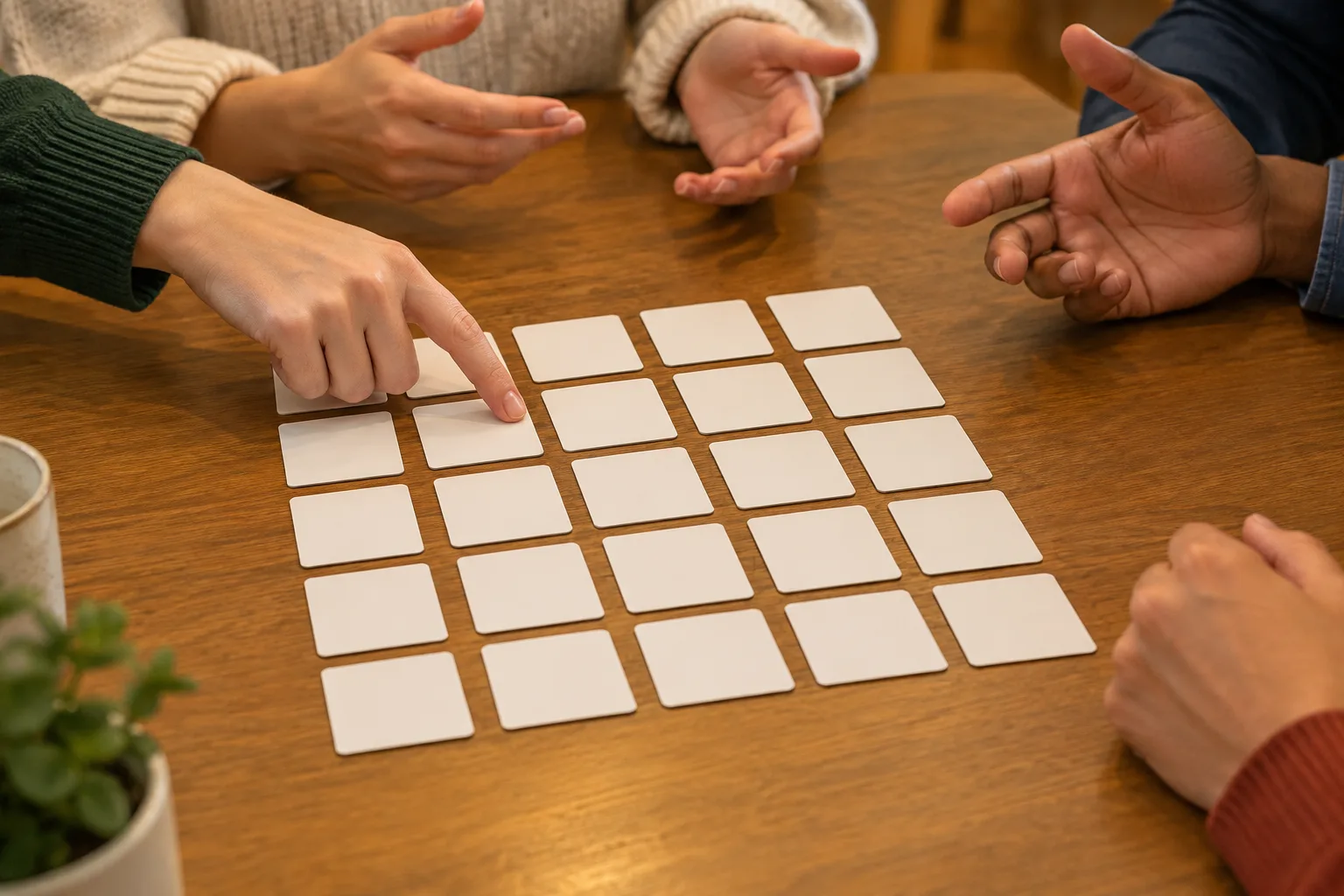 Une main désigne une carte dans une grille tandis que les autres joueurs réfléchissent.