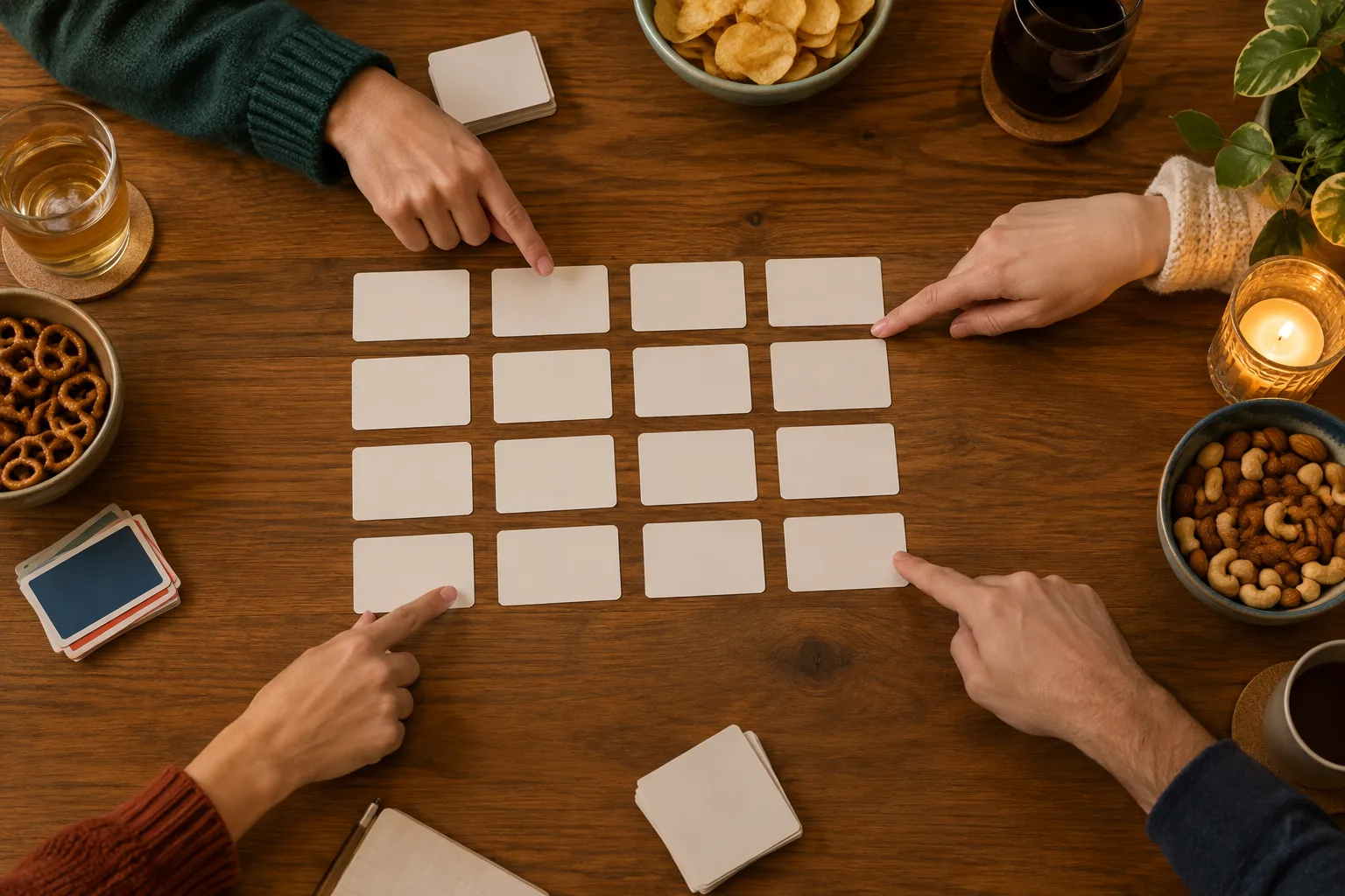Des mains de joueurs se concertent autour d’une grille de cartes pendant une partie de mots.