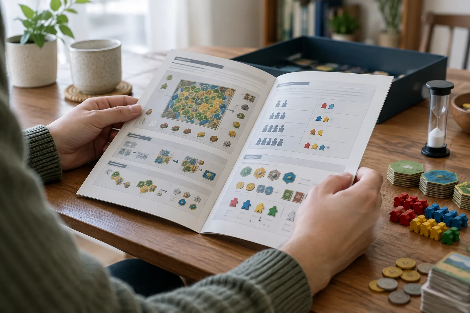 Un livret de règles et des pièces de jeu sont préparés sur une table avant la partie.