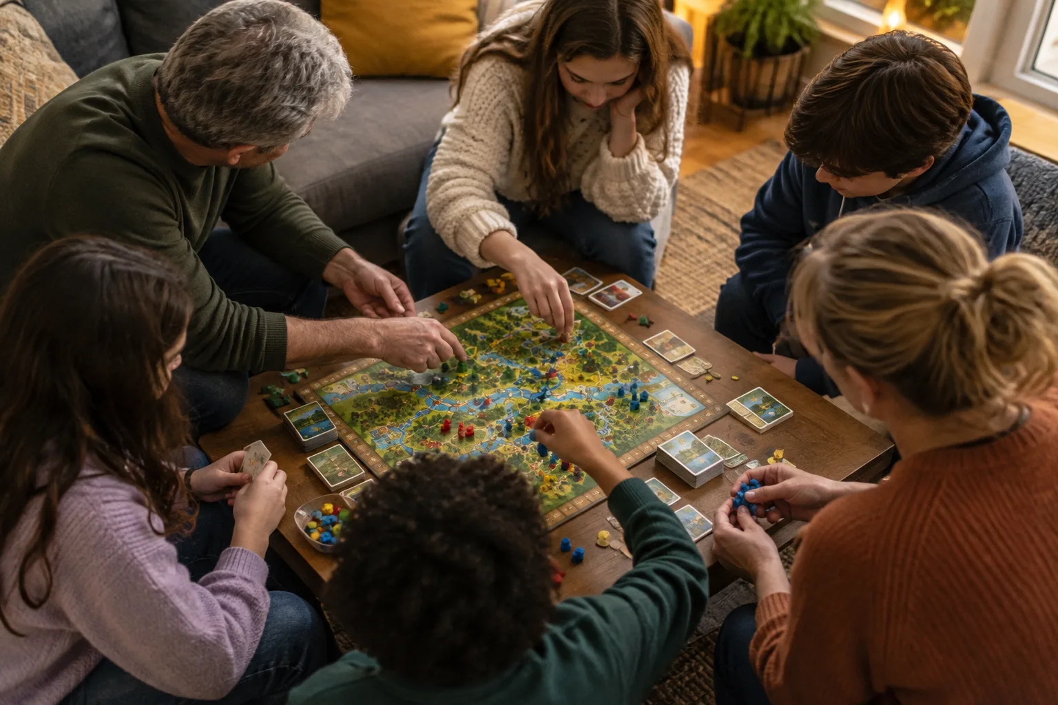 Des joueurs réunis autour d’un jeu de société coopératif posé sur une table.