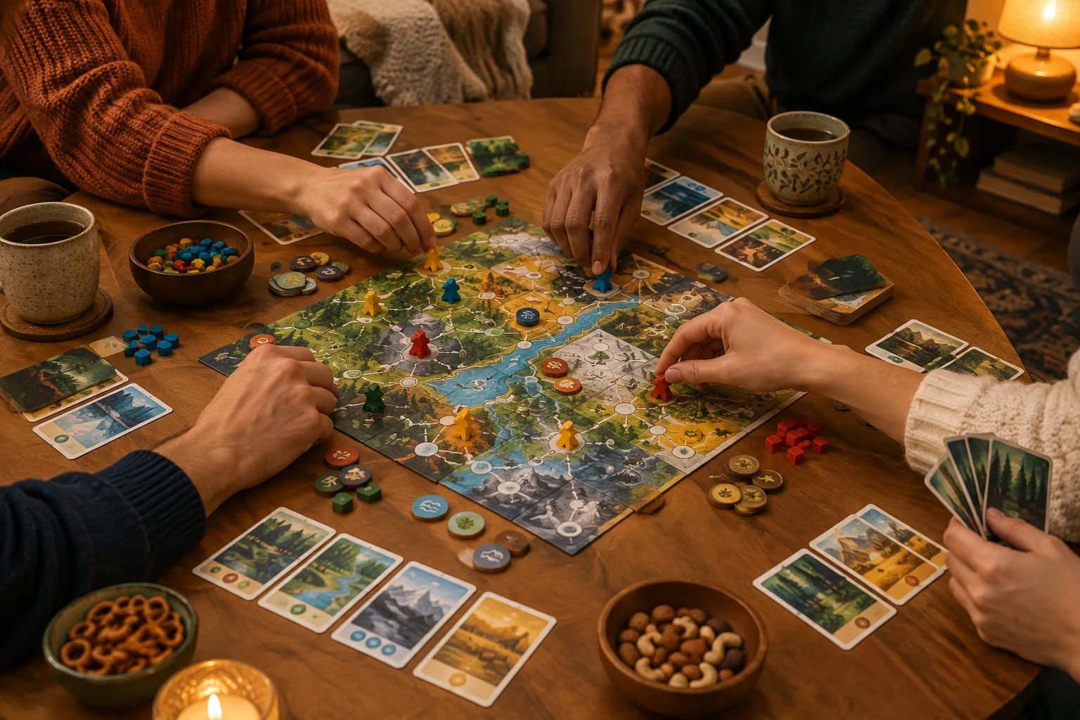 Des mains réunies autour d’un jeu coopératif posé sur une table en bois.