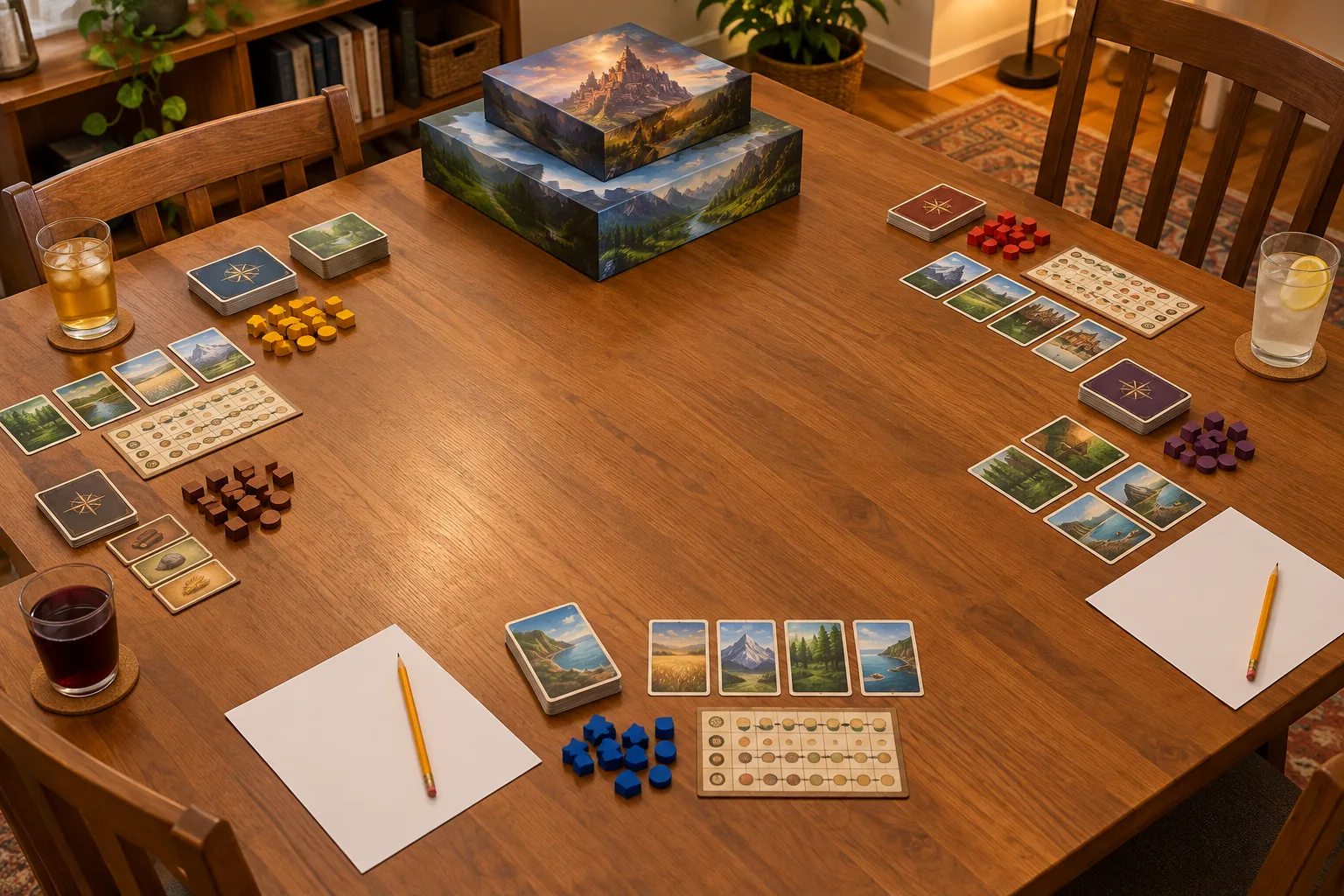 Une table dégagée avec quelques jeux, des cartes, des pions, du papier et un crayon.