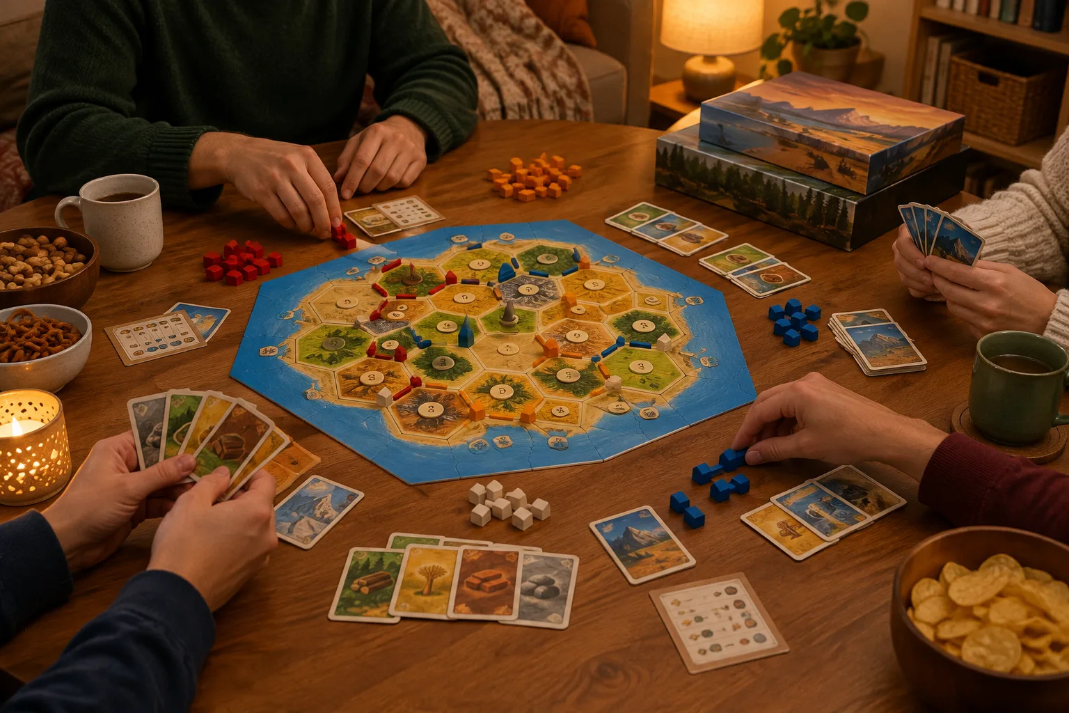 Des mains disposent des cartes et des pions sur une table préparée pour une soirée jeux.