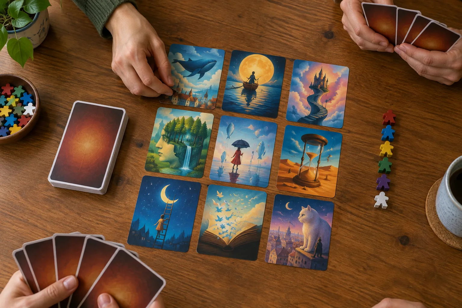 Des mains installent des cartes illustrées au centre d’une table.