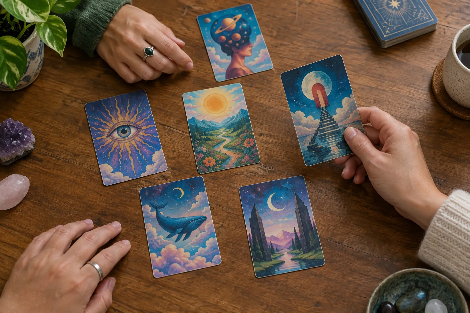 Des cartes illustrées sont disposées face visible au centre d’une table.