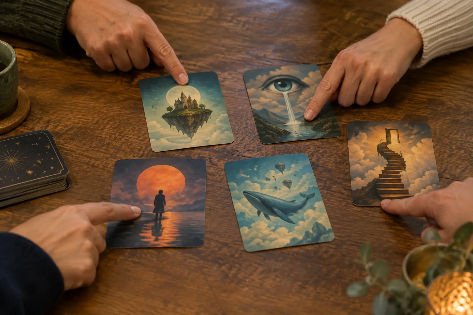 Plusieurs cartes aux illustrations oniriques sont comparées sur une table, tandis que des mains hésitent entre elles.