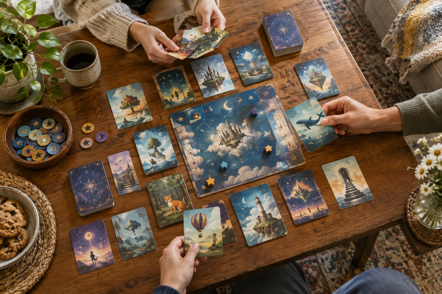 Des mains choisissent des cartes illustrées sur une table pendant une partie de jeu.