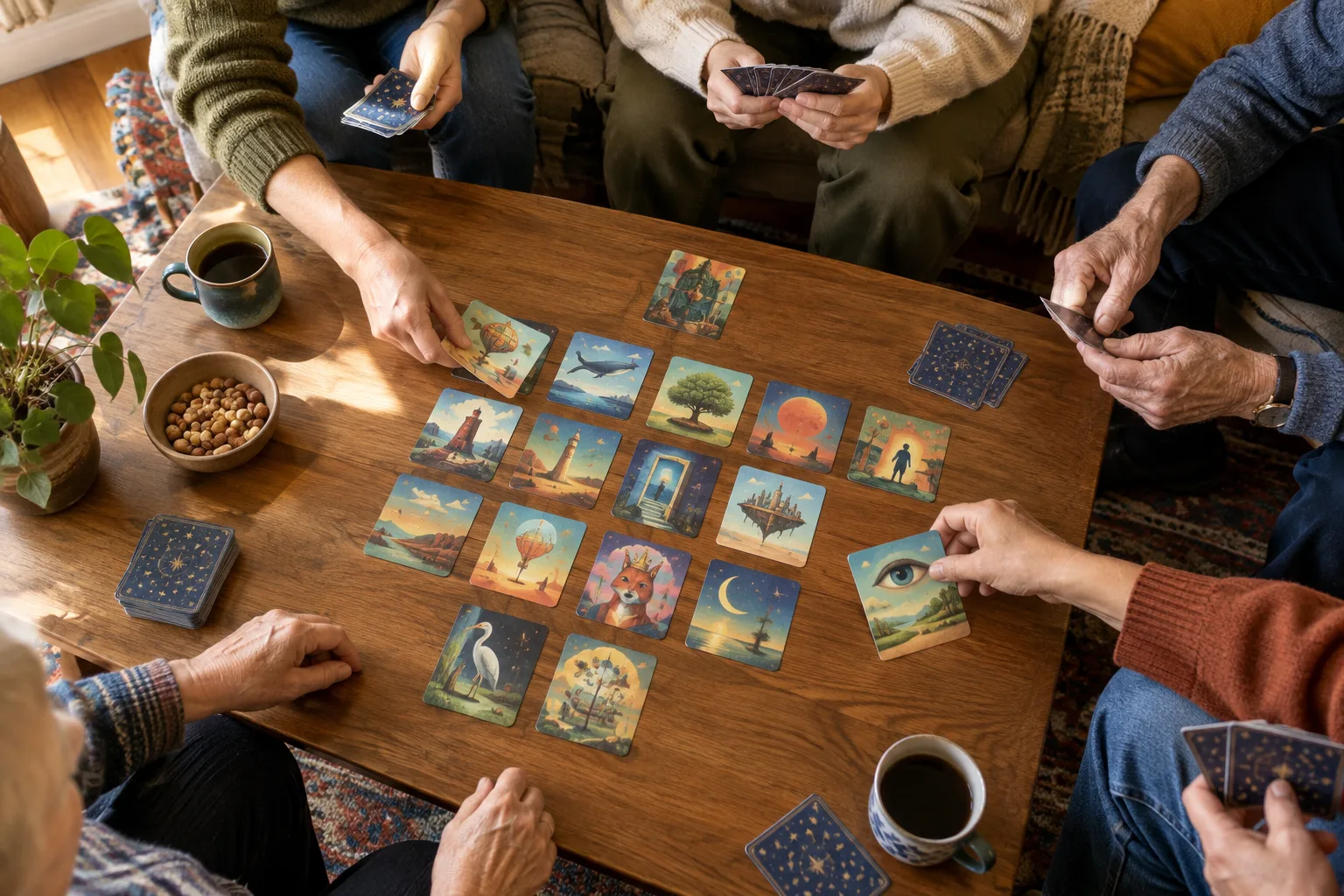 Des mains choisissent des cartes illustrées au milieu d’une table de jeu.