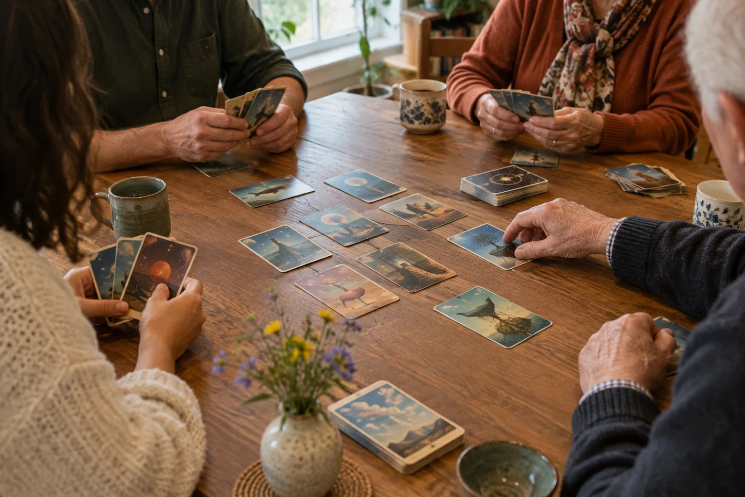 Des joueurs choisissent des cartes illustrées pendant une partie de Dixit.