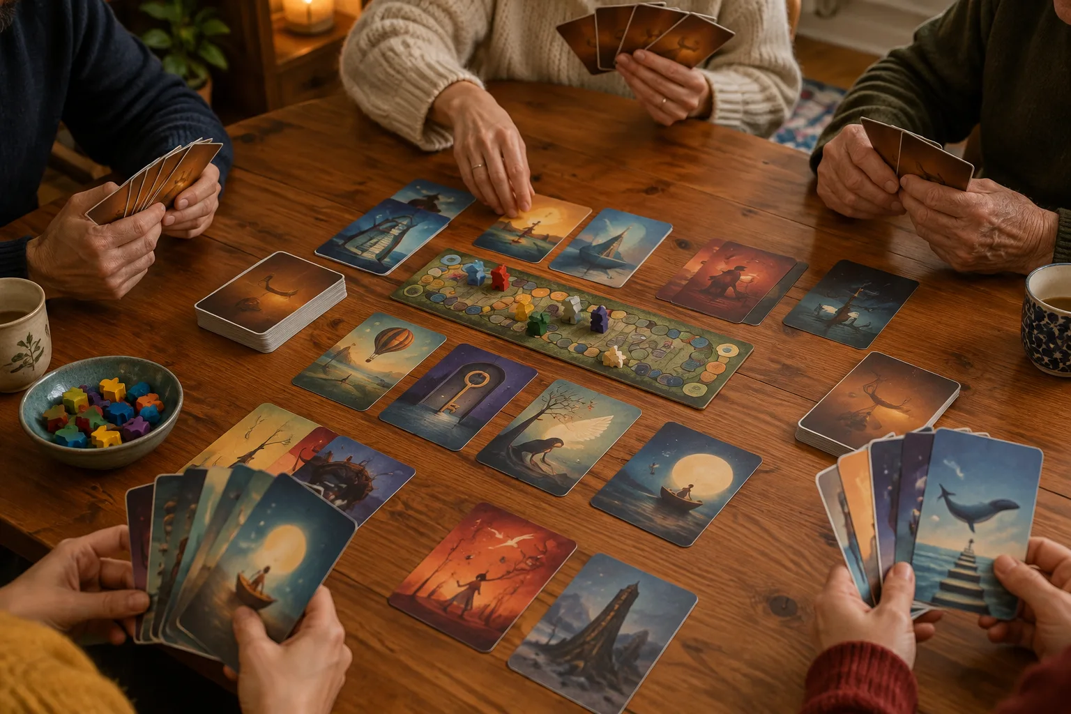 Des cartes illustrées sont disposées sur une table avant une partie de jeu.