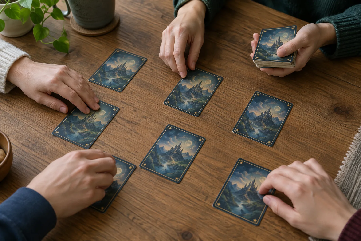 Des joueurs posent des cartes illustrées face cachée pour préparer le vote.