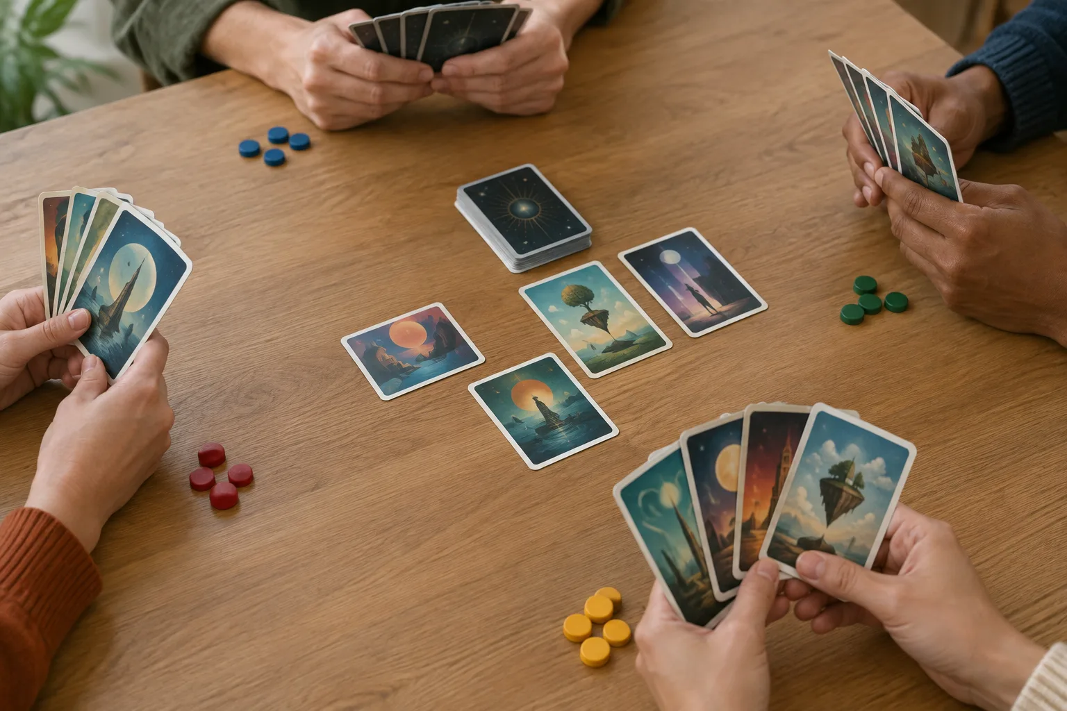 Des mains préparent des cartes illustrées et des jetons sur une table.