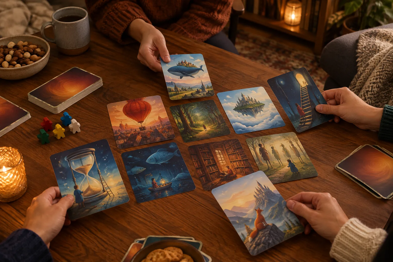 Des mains choisissent des cartes illustrées pendant une partie de jeu de société.