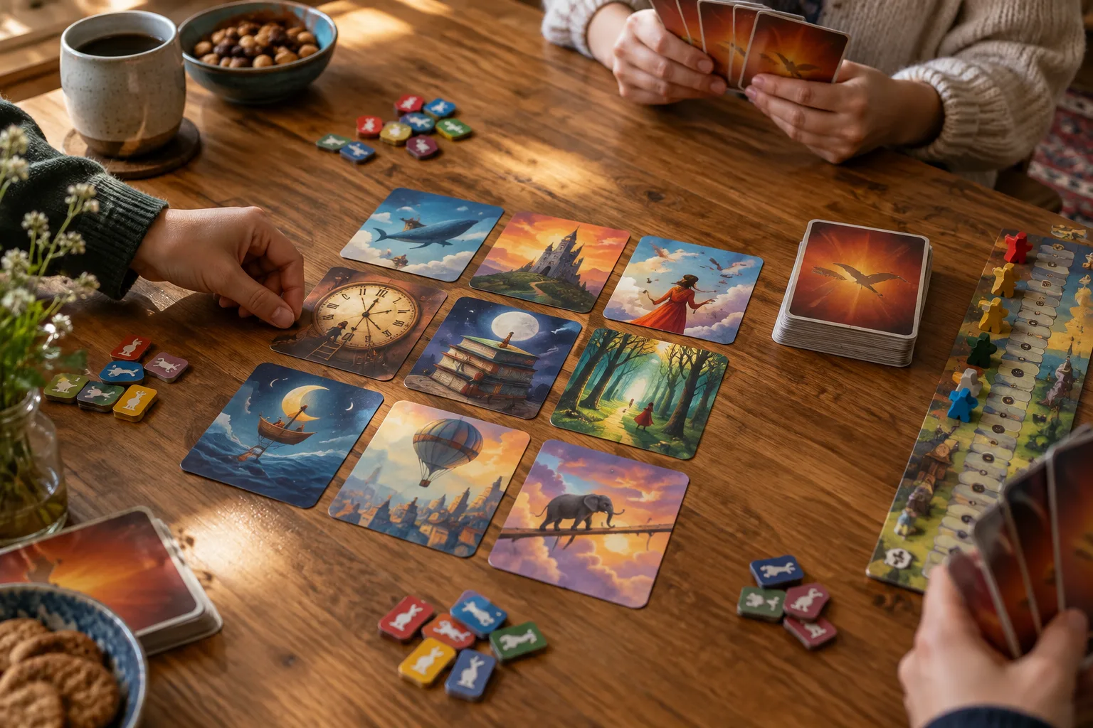 Des cartes illustrées et des jetons disposés sur une table avant une partie de jeu.