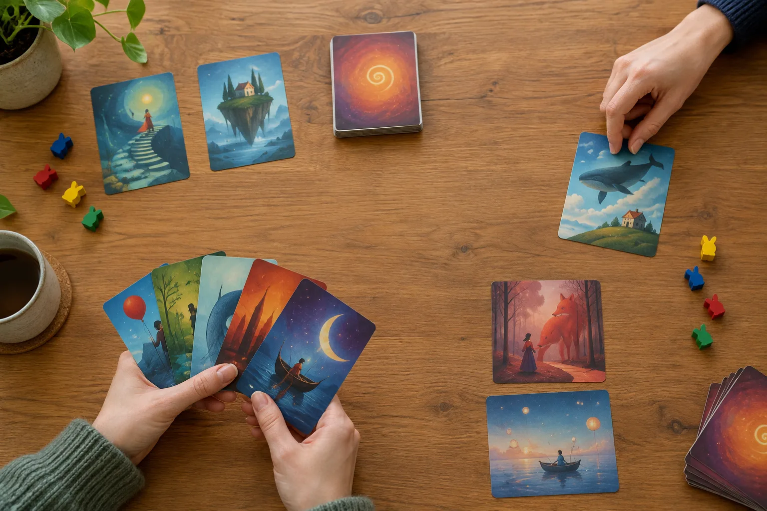 Des mains disposent des cartes illustrées et des jetons sur une table avant le début d’une partie.