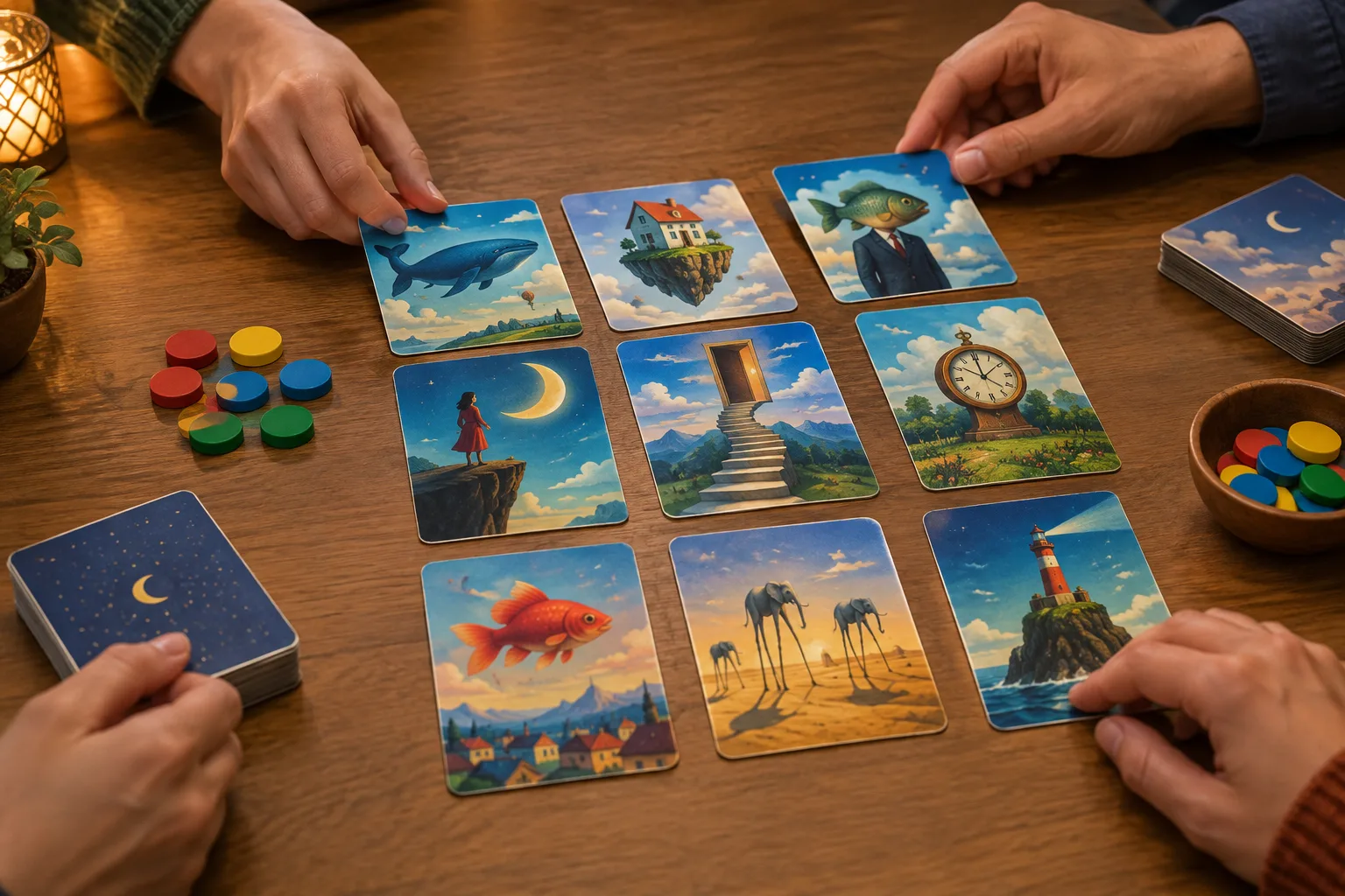 Des cartes illustrées et des jetons disposés sur une table avant une partie.