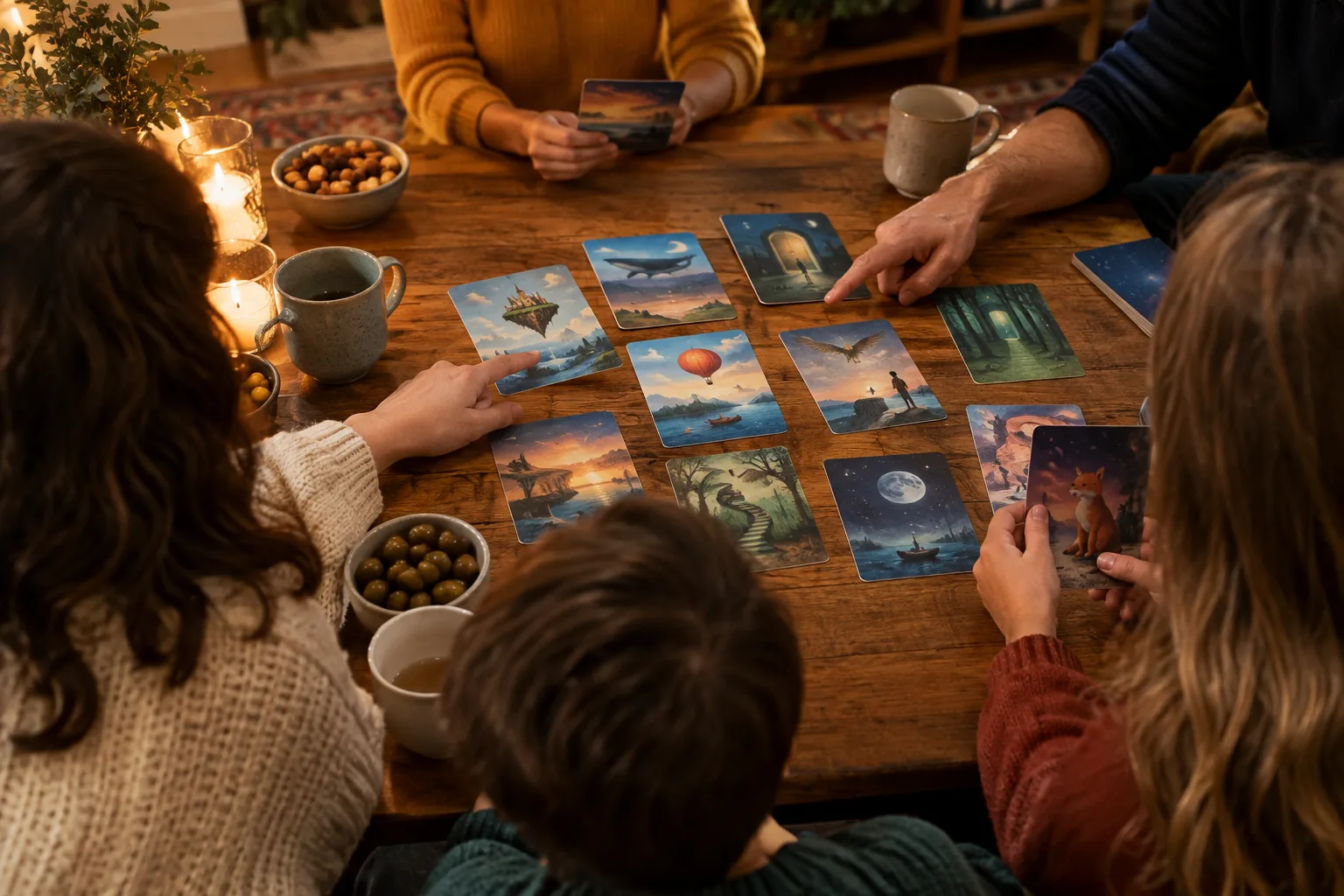 Des joueurs réunis autour de cartes illustrées pendant une partie de Dixit.