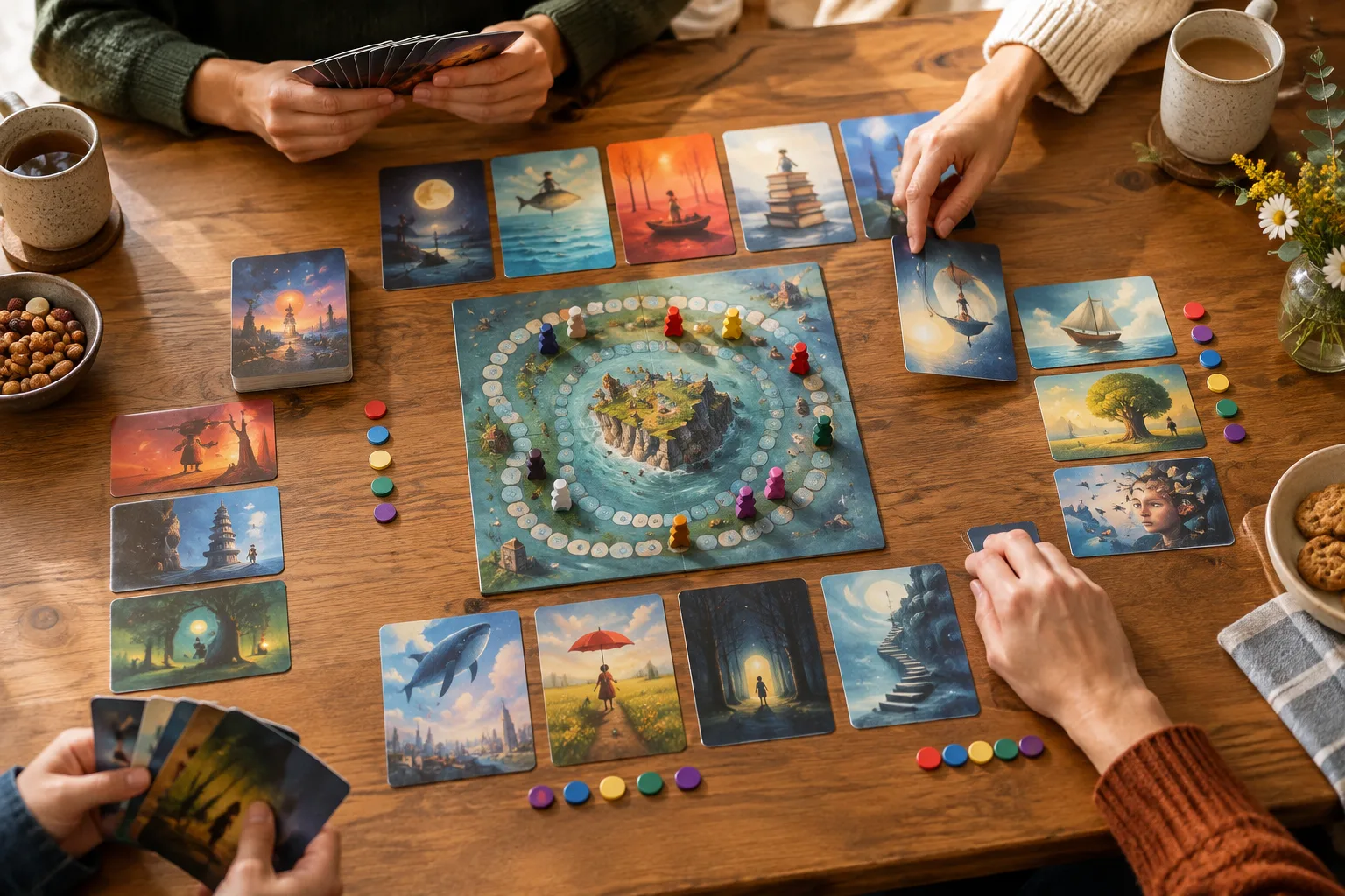 Des cartes illustrées et des jetons de vote disposés sur une table de jeu.