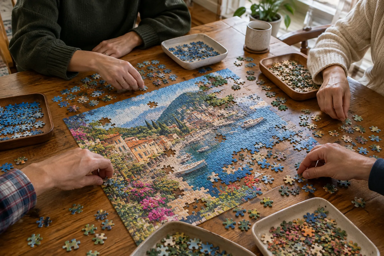 Des mains assemblent un puzzle coloré autour d’une table en bois.