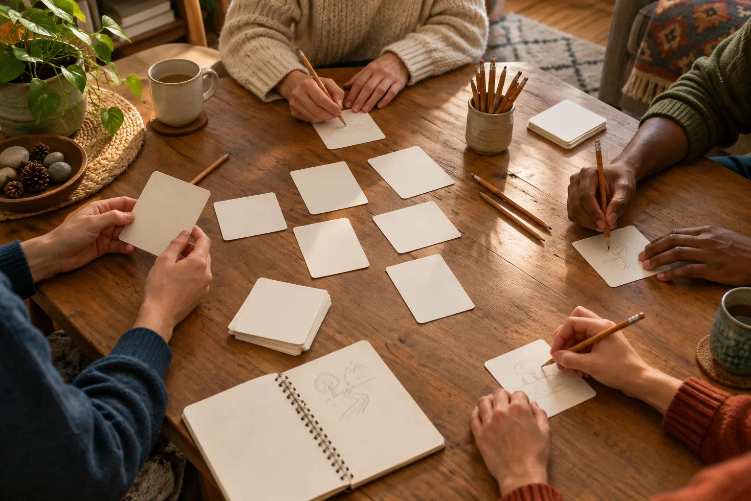 Des mains réunies autour de cartes faites maison et d’un carnet pour inventer une histoire.