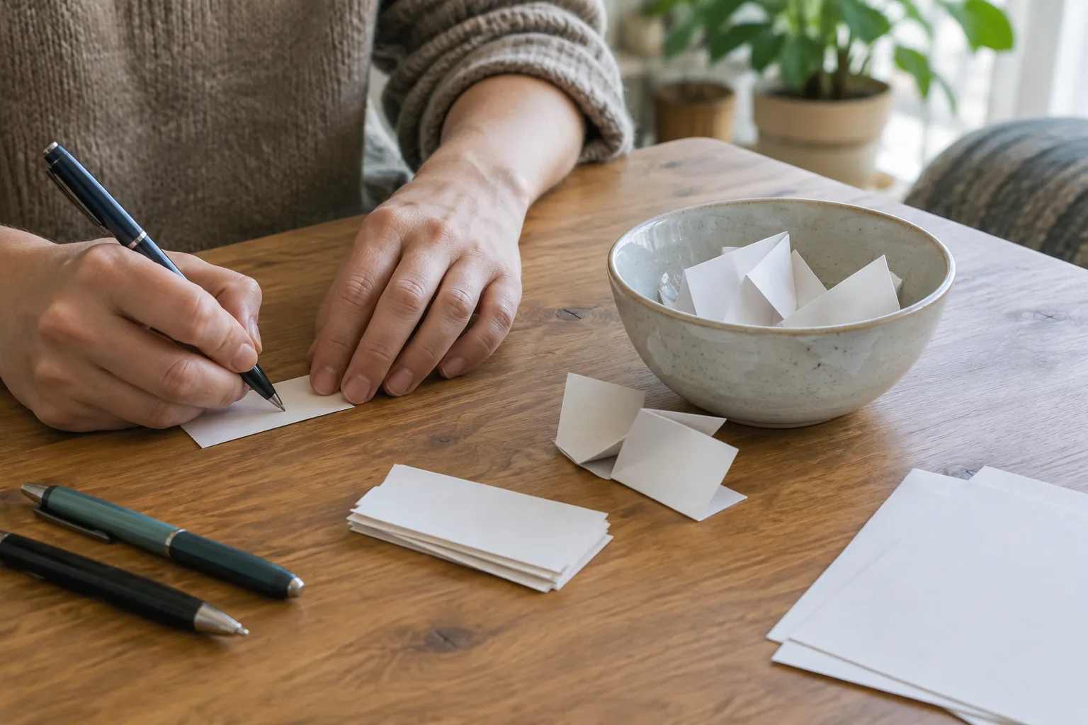 Des mains écrivent et plient des questions sur de petits papiers près d’un bol.