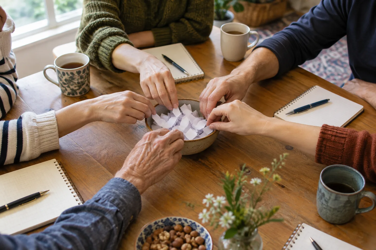 Des papiers pliés, un bol et des stylos sont disposés sur une table pour préparer un quiz de souvenirs.
