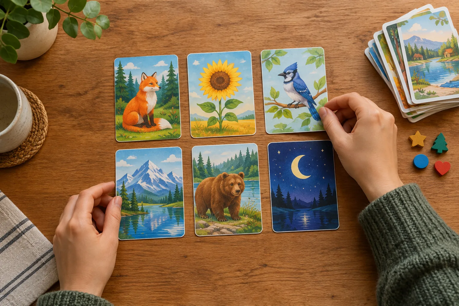 Six cartes illustrées sont posées face visible près de jetons et d’autres images.