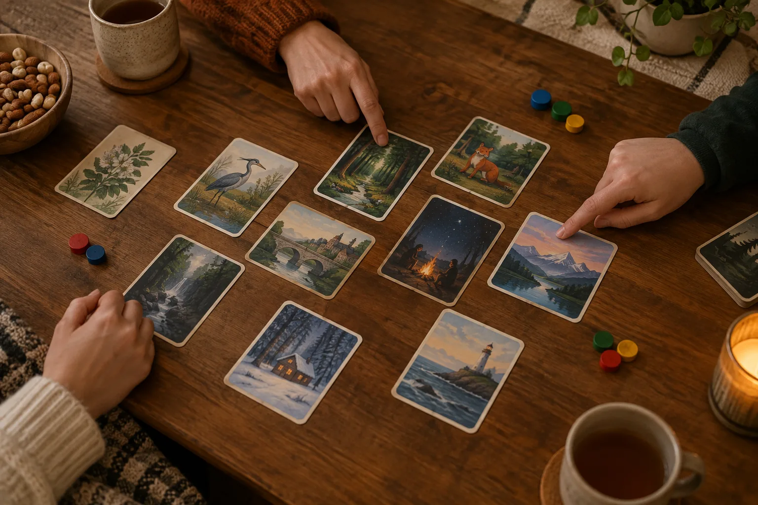 Des cartes illustrées et quelques jetons disposés sur une table pour une partie coopérative.