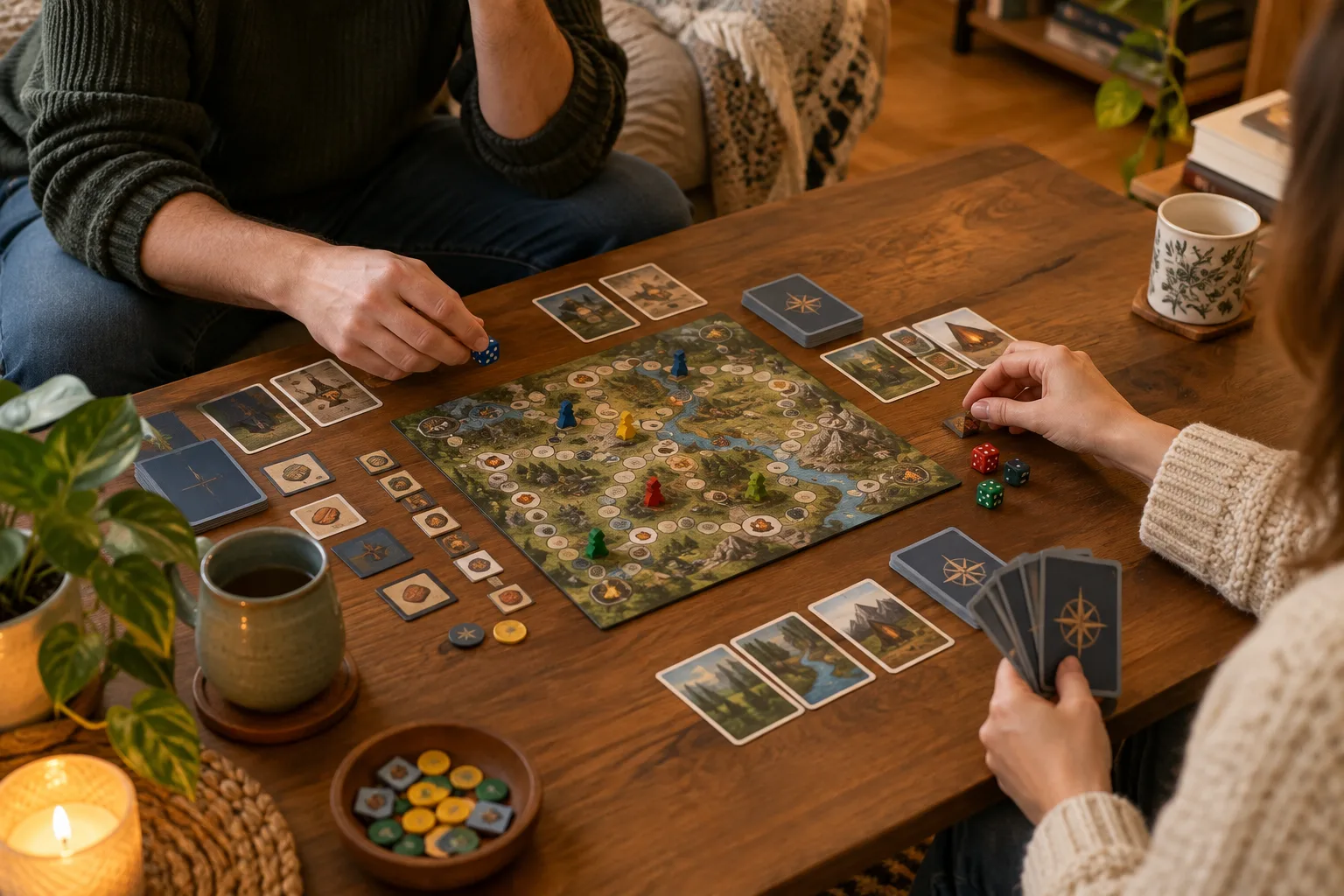 Deux personnes préparent ensemble un jeu coopératif avec des dés et des cartes sur une table.