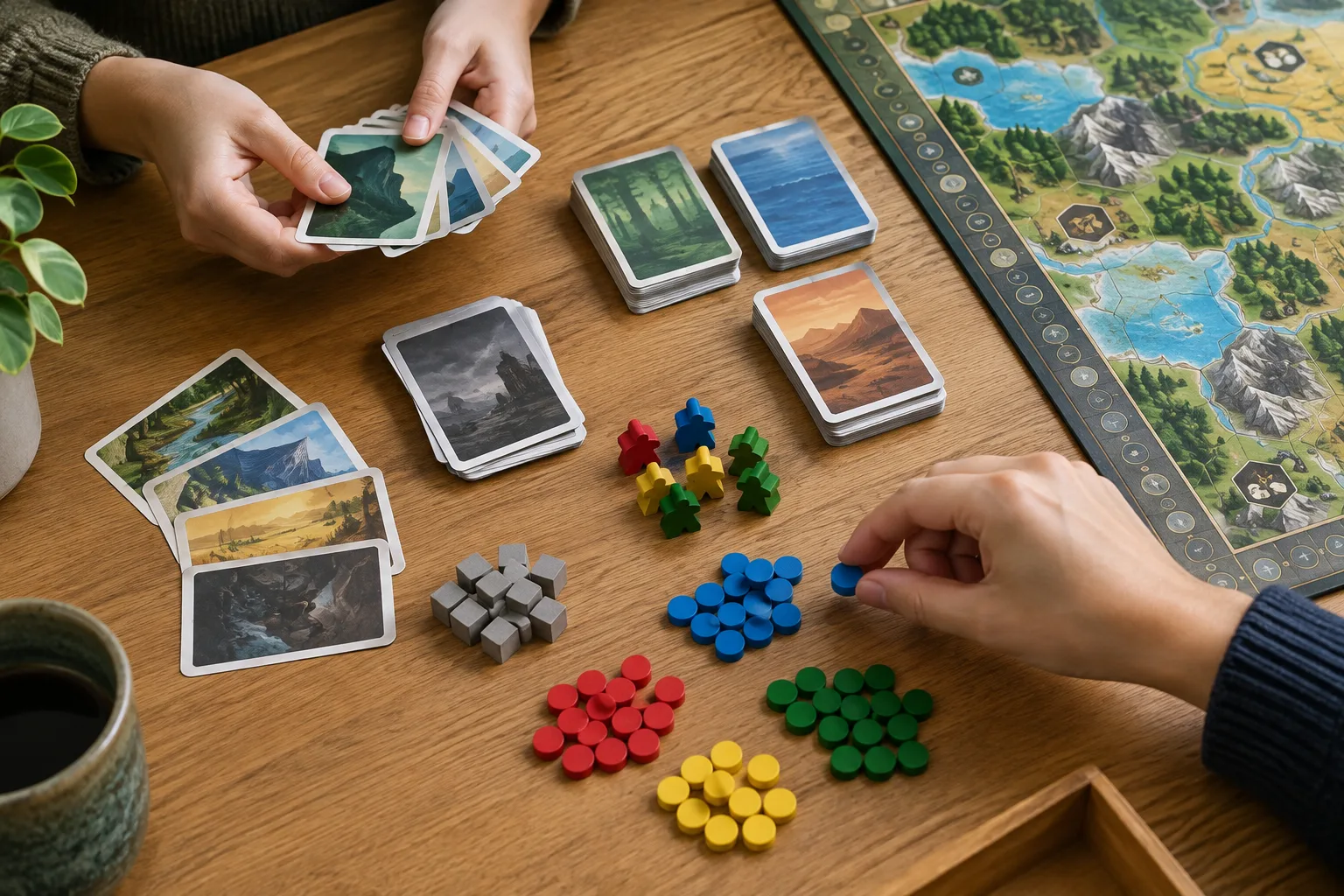Des joueurs préparent un plateau en triant des cartes et des pions.