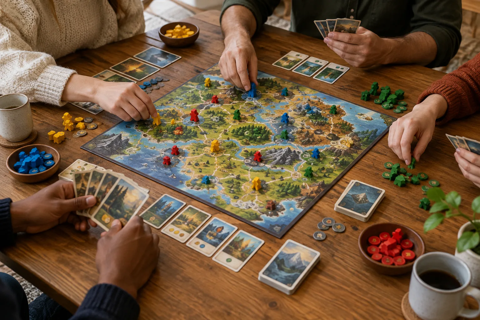 Des mains disposent ensemble des cartes et des pions autour d’un jeu coopératif.