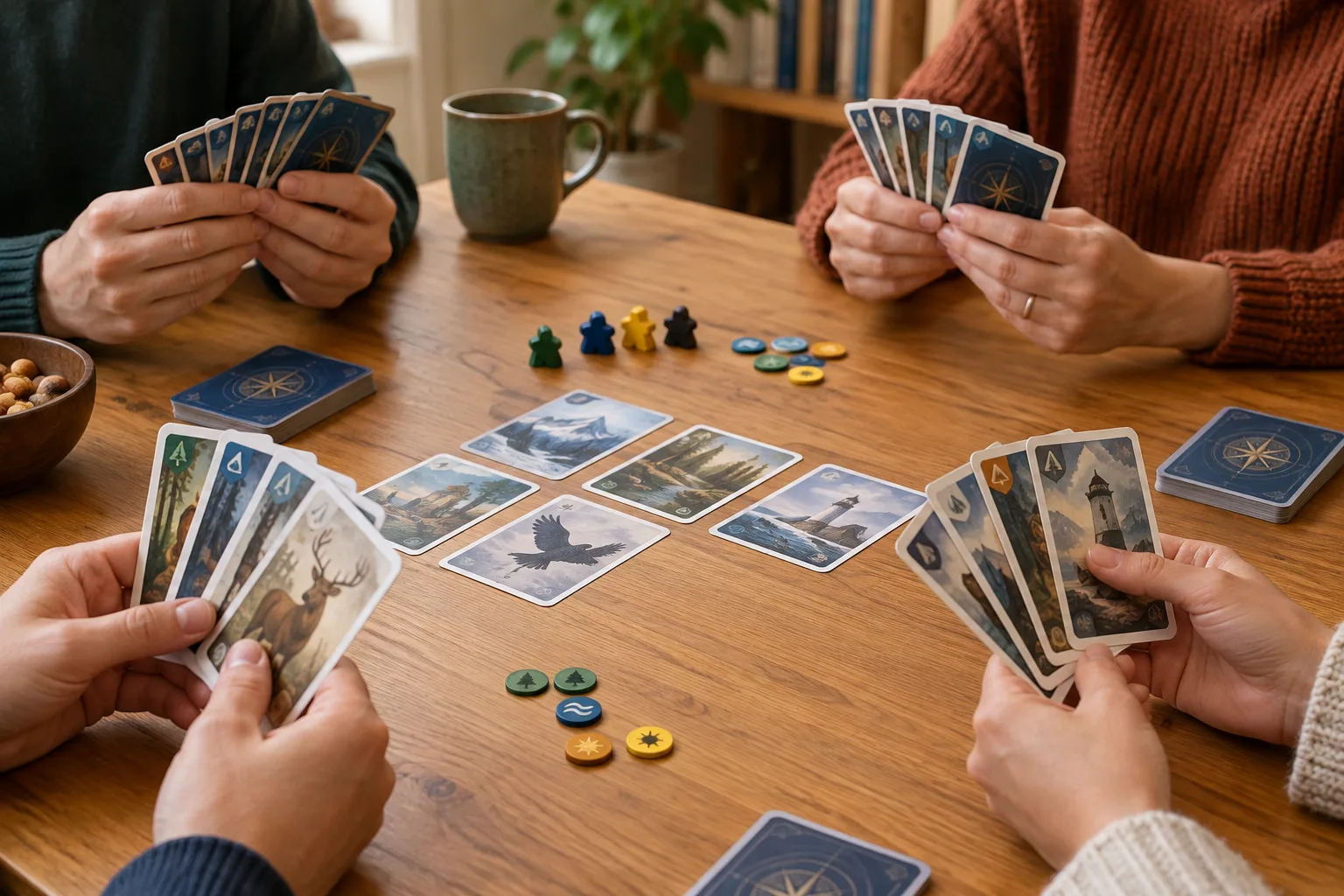 Des joueurs posent des cartes lors d’une mission coopérative autour d’une table.