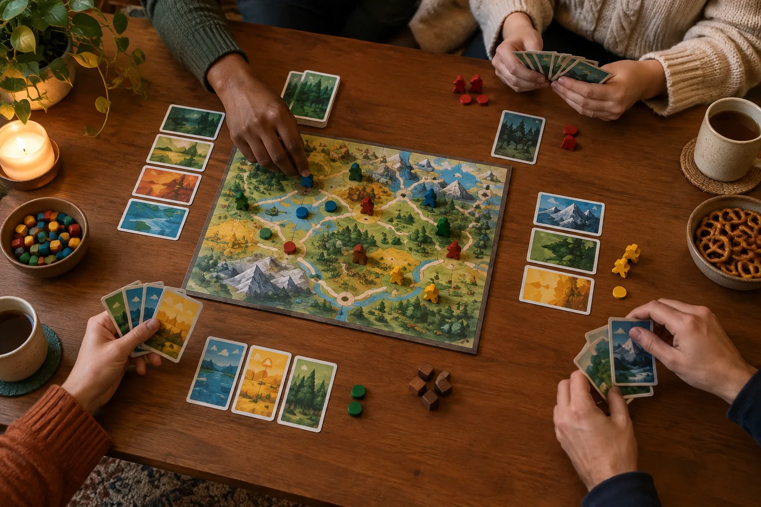 Des mains réunies autour de cartes et de pions pour préparer une partie coopérative.