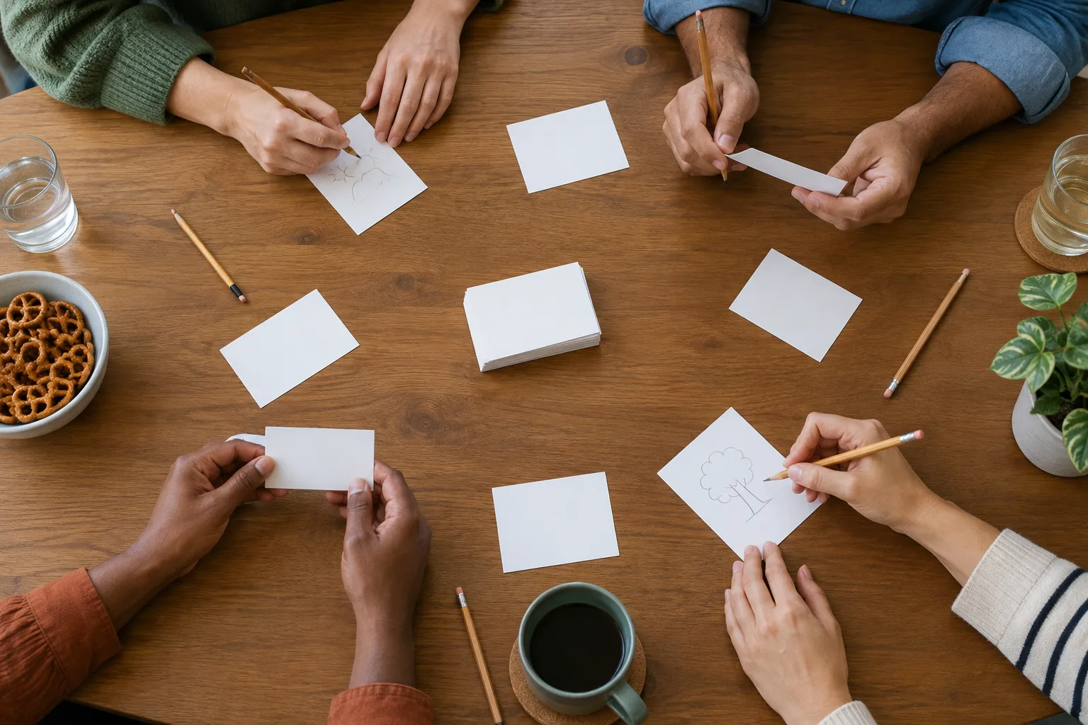 Des mains écrivent des indices sur des cartes pendant une partie coopérative.