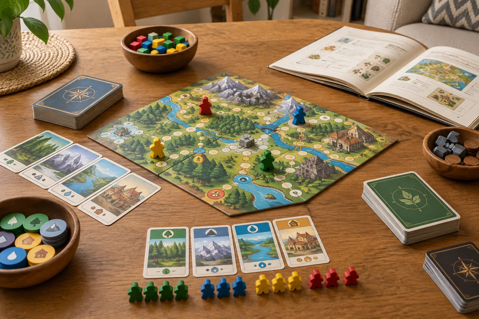 Un jeu de société coopératif préparé sur une petite table, avec des cartes et des pions.