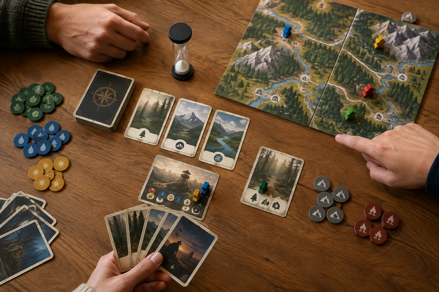 Des cartes, des pions et un minuteur réunis sur une table pour préparer une partie coopérative.