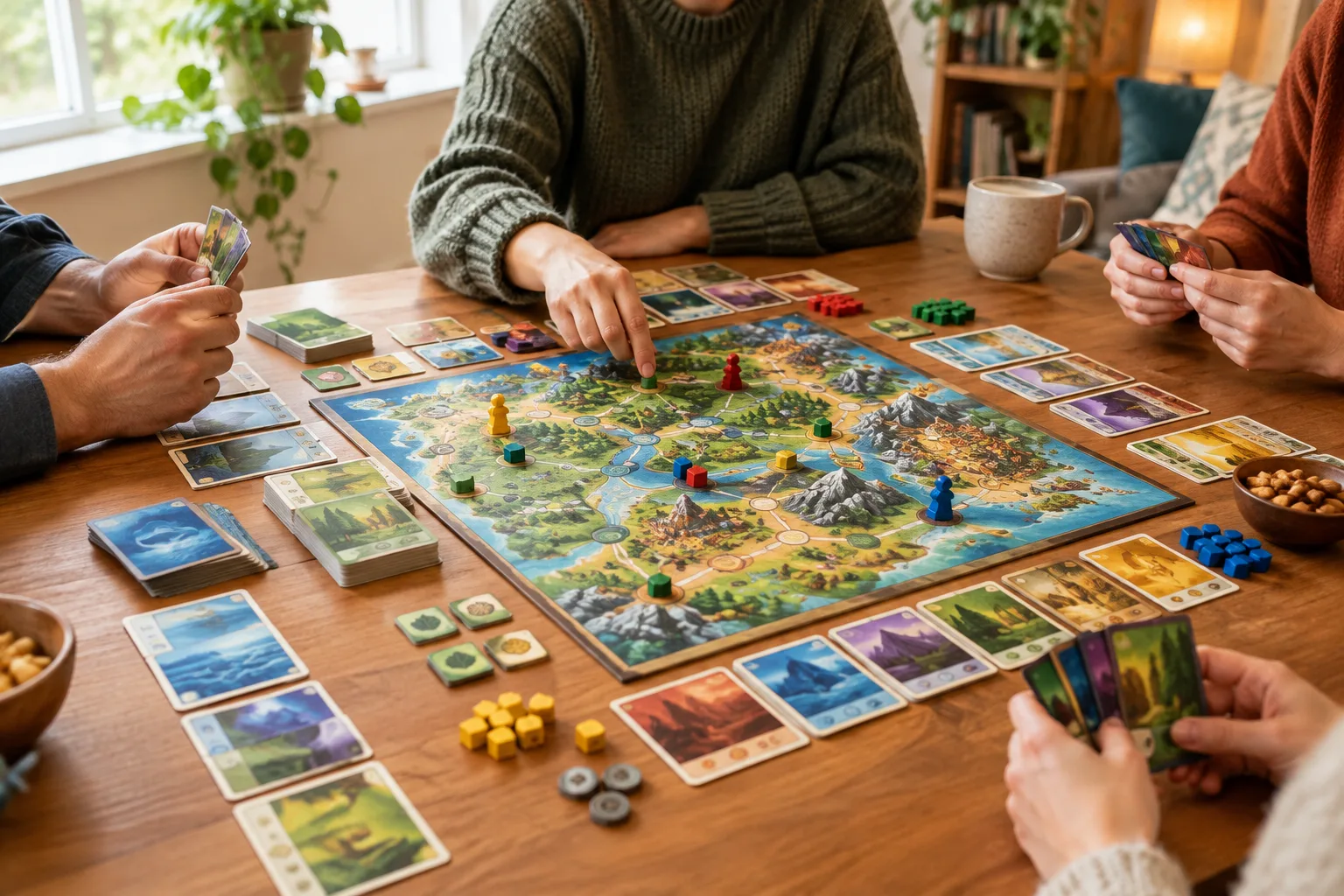Des joueurs réunissent leurs idées autour d’un jeu de société coopératif.
