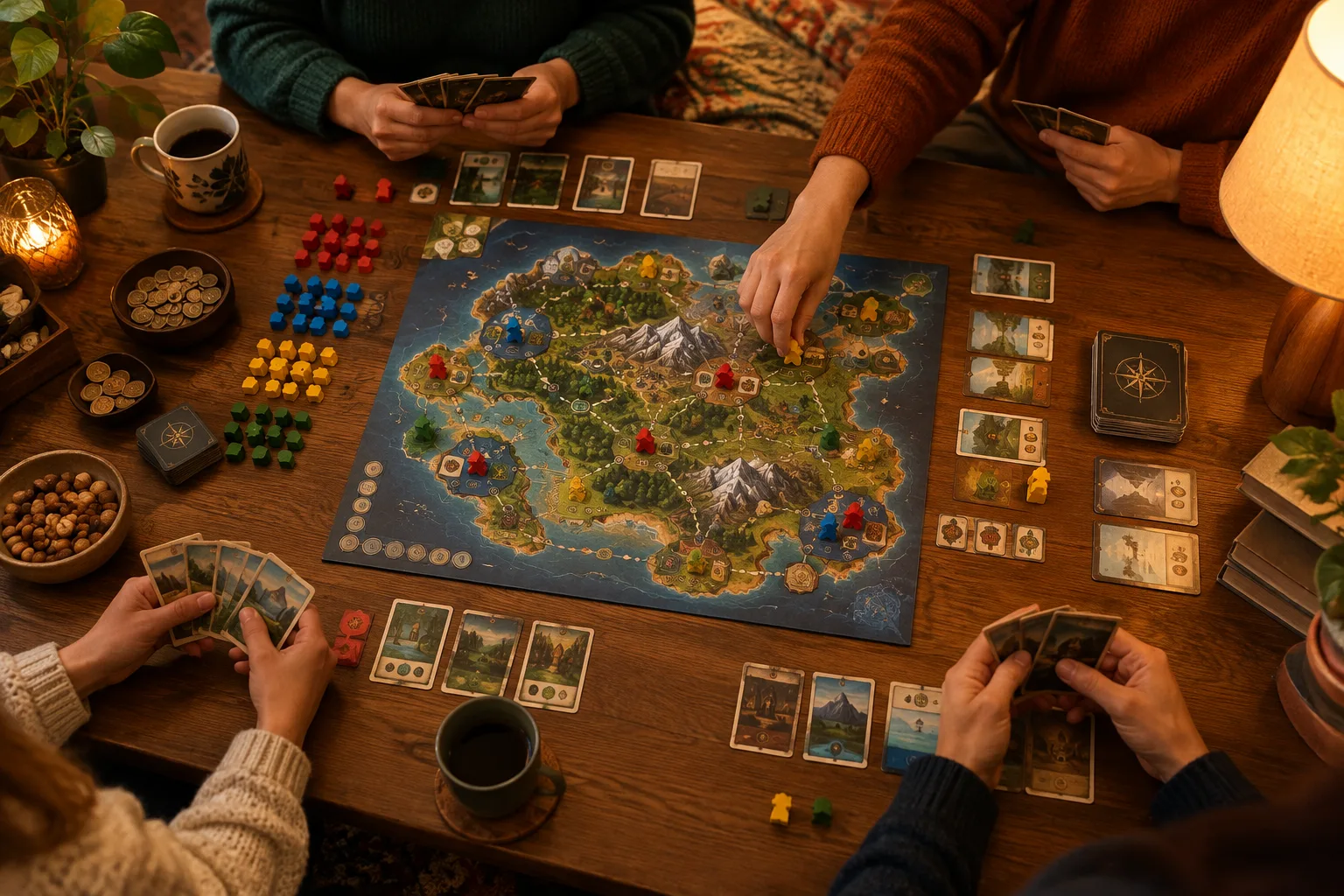 Des mains réunies autour d’un jeu de société coopératif, avec des cartes et des pions sur la table.