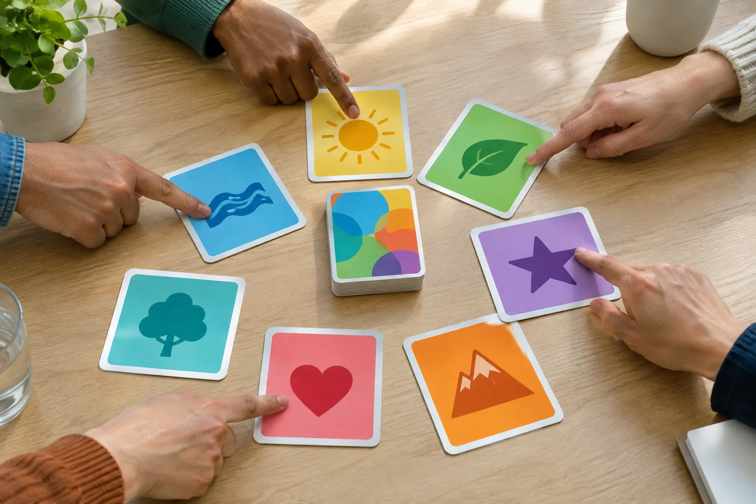 Des cartes aux symboles colorés sont disposées au centre d’une table.