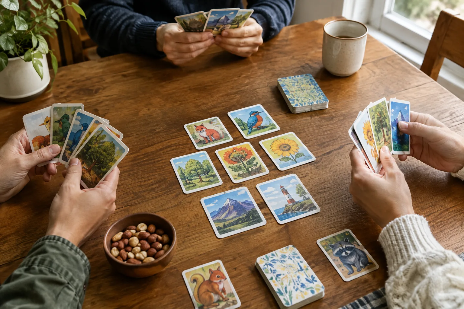 Des mains comparent des cartes illustrées pendant une partie de jeu d’observation.