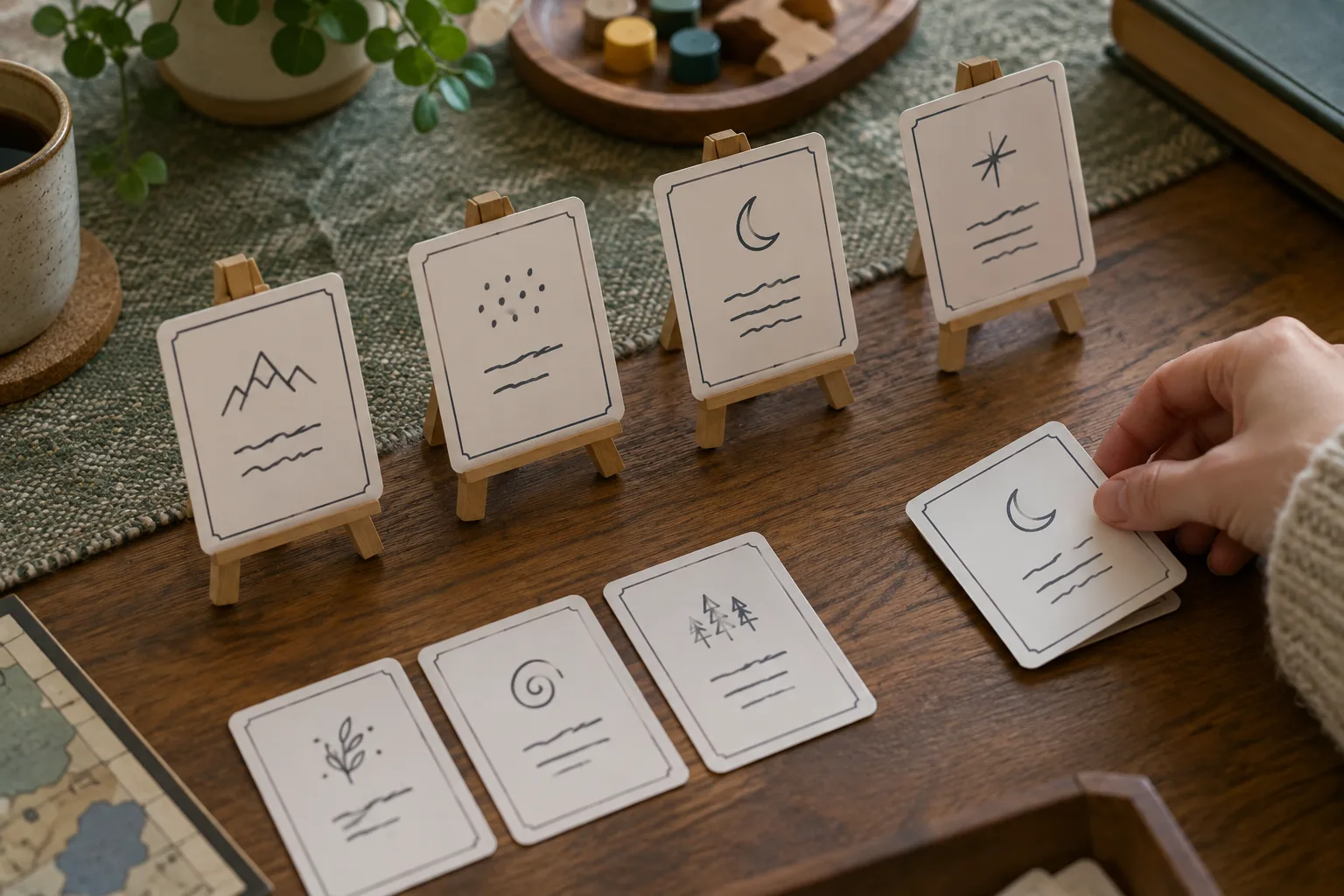 Une main écarte un indice en double parmi des supports posés sur la table.
