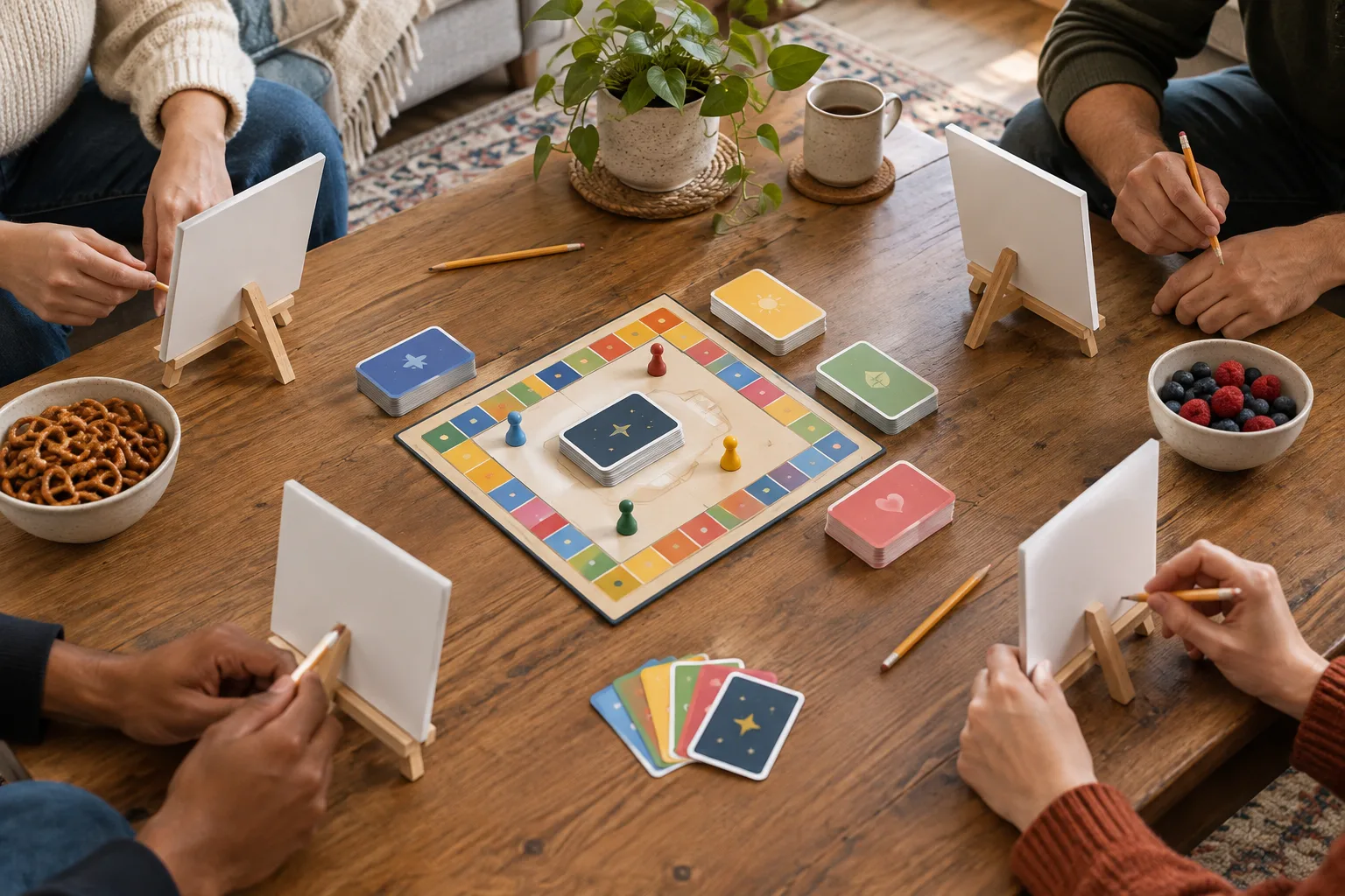 Des cartes de jeu, des crayons et des supports d’indices réunis sur une table.