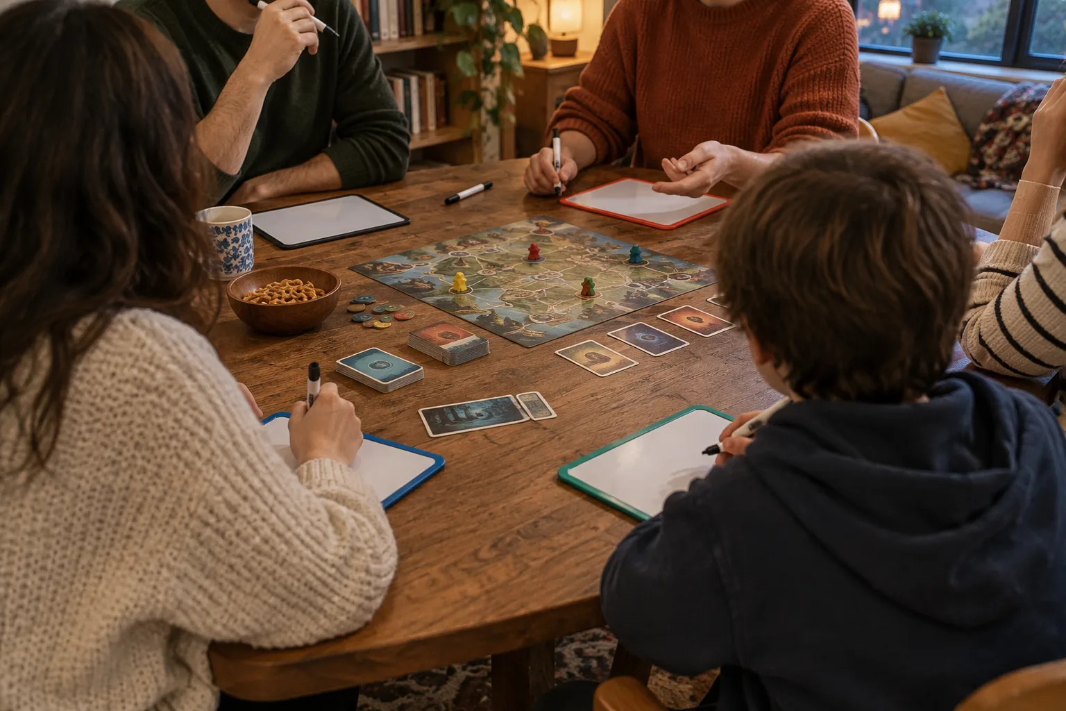 Des joueurs préparent ensemble une partie de jeu coopératif autour d’une table.