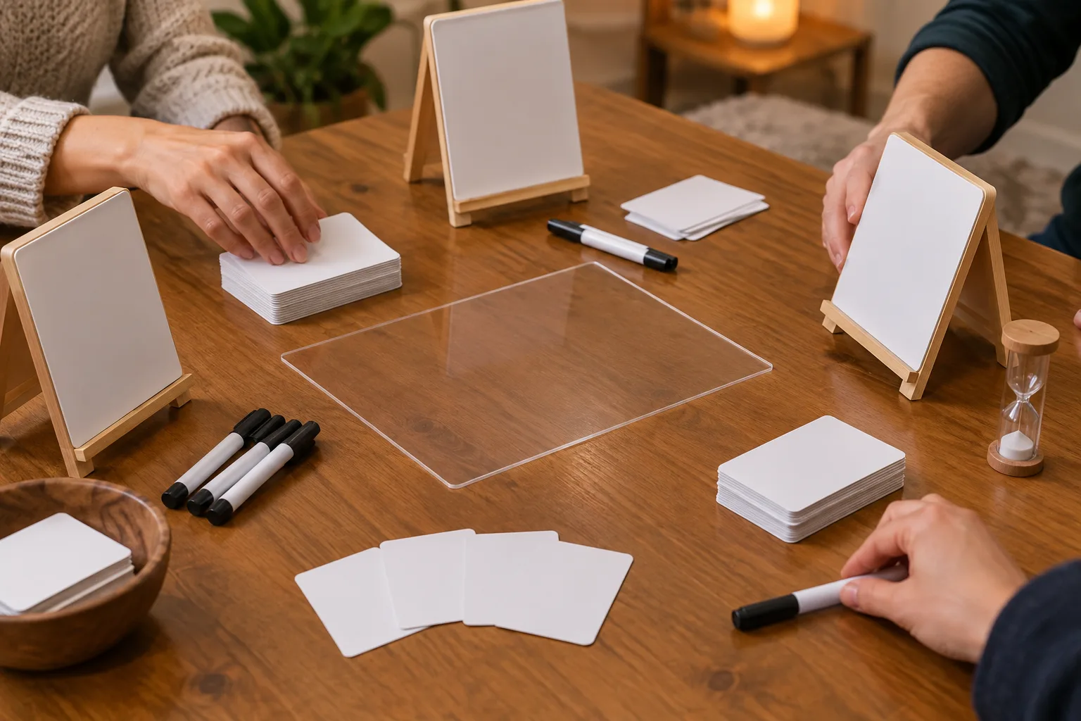 Des cartes vierges, des supports d’écriture et des feutres sont disposés sur une table.