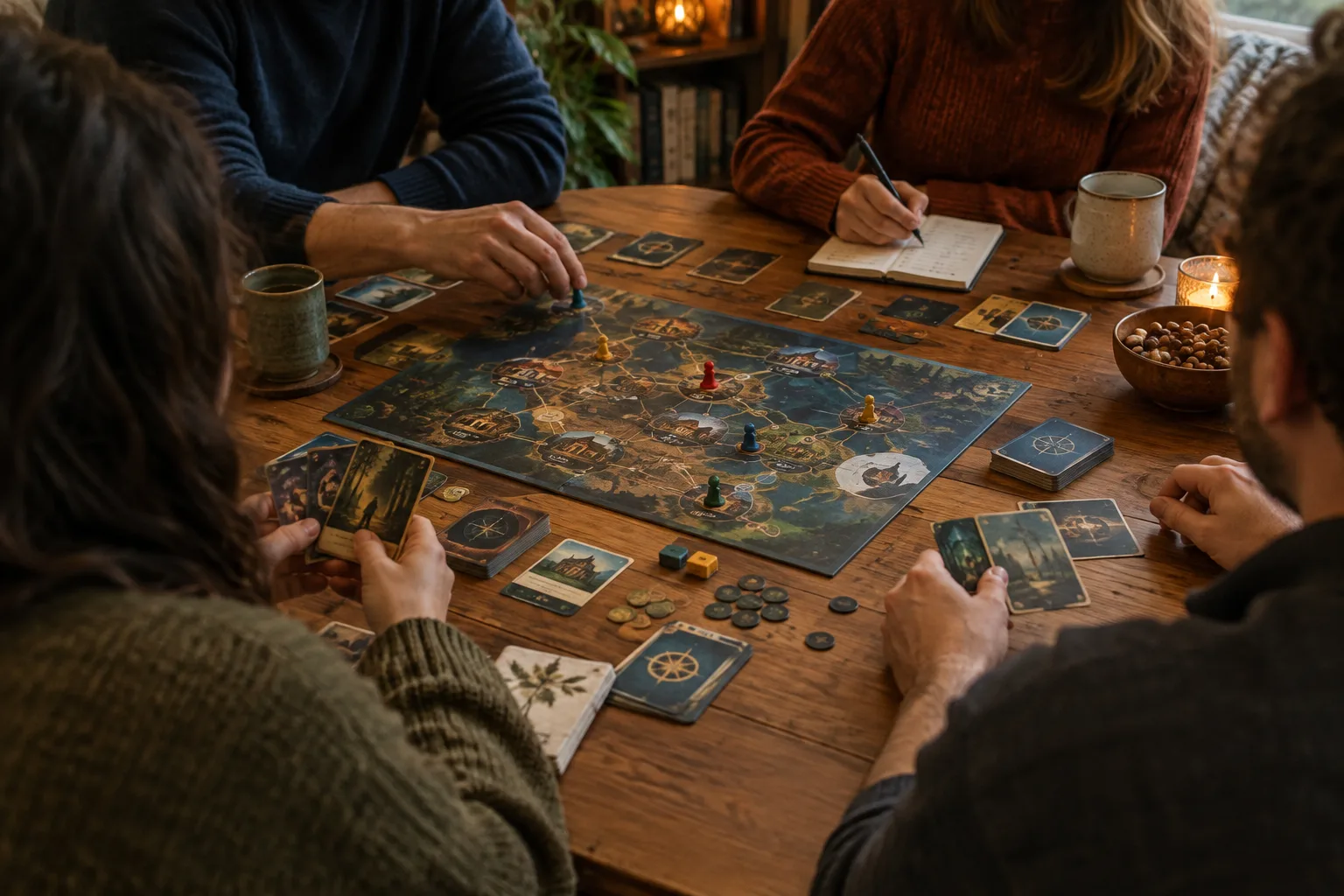 Des joueurs préparent une partie de jeu de société autour d’une table.